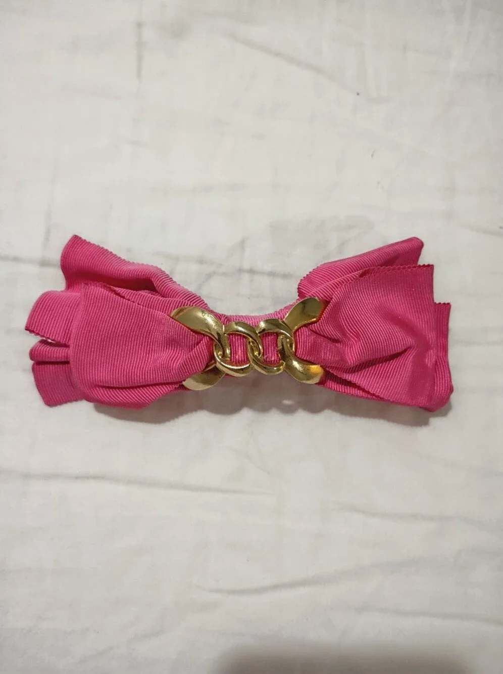 Pink Bow Hair Clip with Gold Chain Accent Made In France Vtg